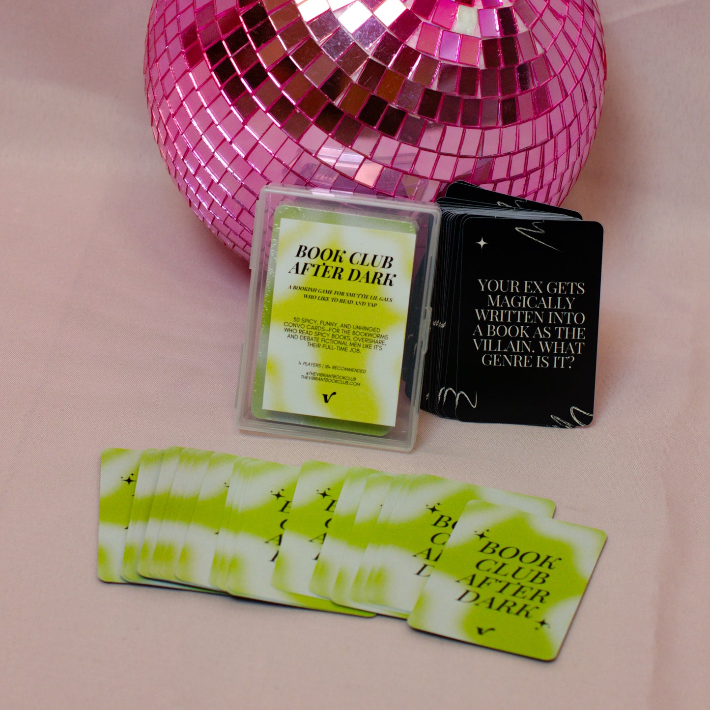 Book club cards with a pink disco ball on a pink background